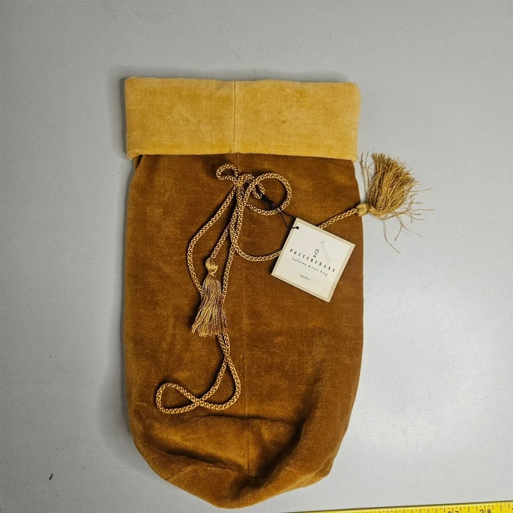 Pottery Barn Amber Velvet Wine Bag Gold Tassel Drawstring‎ Gift Wrap NWT